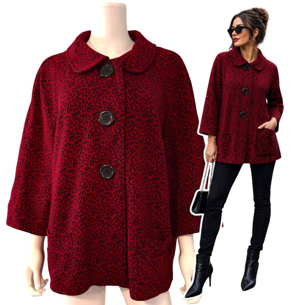 Y2K Red Leopard Swing Coat Kim Rogers Size XL/2XL Rockabilly Pinup Mob Wife Glam